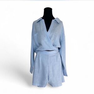 VICI Alexandra Linen Blend Shorts & Wrap Top Set – Light Blue | NWOT